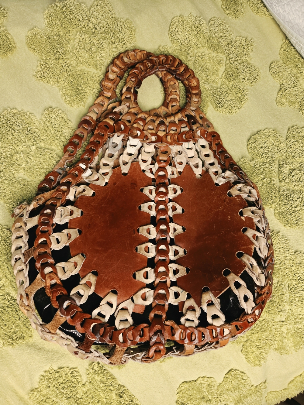 Vintage 70s Boho Hippie Handcrafted Brown Leather Woven Handbag (Purse)